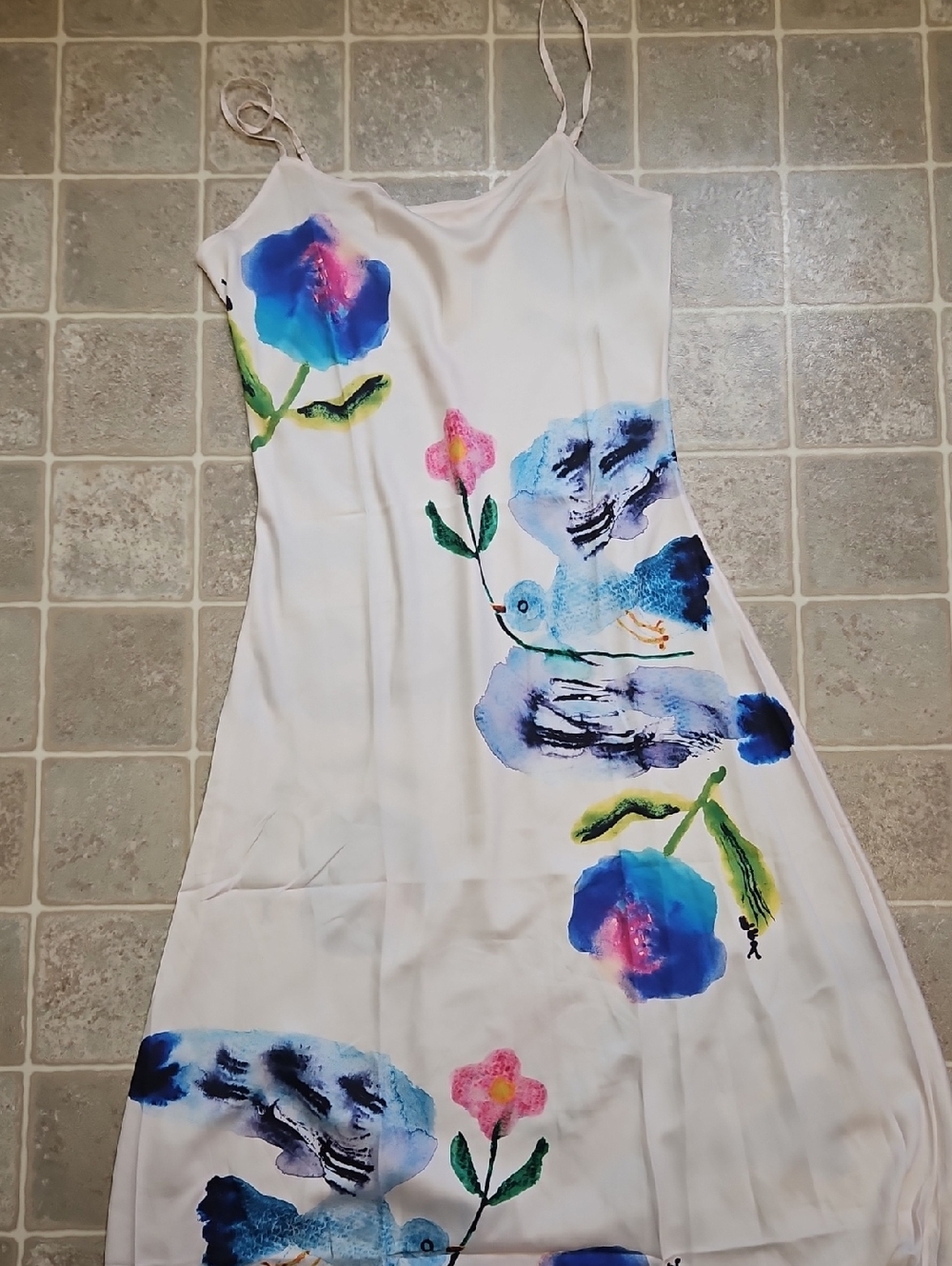 Anthropologie White Slip Maxi Dress with Blue birds, flowers water colour